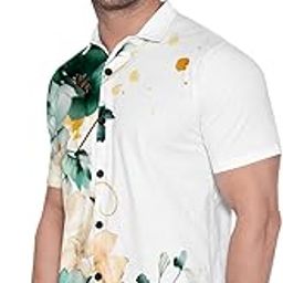 Floral Print Button-Down Polo Shirt, White with Green and Gold Design, Short Sleeve Latest-7