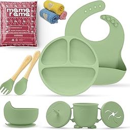 Mamarama 11 Piece Silicone Baby Feeding Set, Complete Mealtime Essentials, Includes Suction Bowl, Plate, Cup with Straw & Snack Lid, Fork, Spoon, Bib, and 3 Napkins for Babies and Toddlers (Green)-5