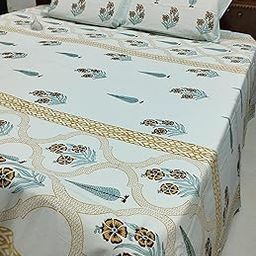 Handblock Printed Cotton King Size Bedsheet Set, 90x108 inches, Floral Design, White with Gold Pattern, 2 Pillow Covers-image-59