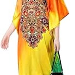 Silk Sutra Women's Ethnic Wear Multicolor V-Neck Satin Maxi Dress by Silk Sutra – Women's 3/4 Sleeve Nightwear, (STC-KAFTAN-NAZAKAT-803)-image-59