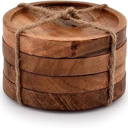 IndigoArt Wooden Coasters for Drinks Natural Wood Drink Round Plate Coaster Set of 4, Handmade Coasters for Dining & Coffee Table Decor, Home & Kitchen for Drinking Glasses, Tabletop, 4 Inch, Brown-89