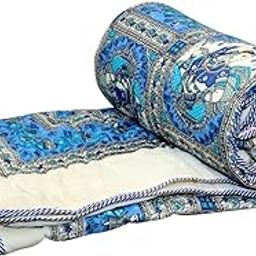 SIBLEY Cotton Quilt / 3 Layer Dohar 150 GSM Rajasthani Traditional Maharajas Jaipuri Hand Block Print Summer and Winter Cotton Rajai Quilt Razai - (Blue, Single Bed, Quilts)-image-4