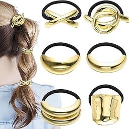6 Pcs Hair Cuffs for Ponytails, Metal Hair Tie, Geometric Gold Head Wear, Fashionable Bright Surface Gold Ties, Metal Elastic Bands, Ponytails Accessories for Ladies and Girls-image-51