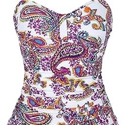Women's 50's Retro Ruched Tankini Swimwear Swimsuit Top with Ruffle Hem Red Paisley 12-image-36