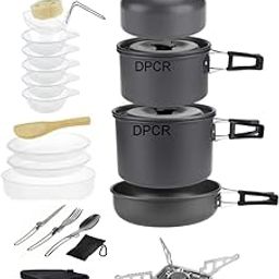 DPCR Camping Cooking Mess Kit with Gas Stove and Spoon, Lightweight Hiking Cookware Set with Mesh Bag, Nonstick Aluminum Cooking Kit, Pot Pan Kettle Mess Kit with Bowls (4-5 Person)-image-50