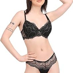 Women's Black with Silver Lace Embroidery Wired Pushup Bra & Panty Set-image-47