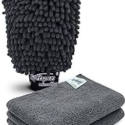 SOFTSPUN Microfiber Single Side 1 Piece Chenille Glove,1700 GSM Grey+20X30cm Cleaning Wipe 2Pcs | Multi-Purpose Super Absorbent and Perfect Wash Cleaning for Bike Auto,Cars Both Interior and Exterior-20