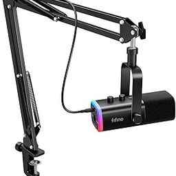 FIFINE XLR/USB Gaming Microphone Kit, Dynamic PC Mic for Streaming Podcasting, Computer RGB Mic Set with Boom Arm Stand, Mute Button, Headphones Jack, for Recording Vocal Voice-Over-AmpliGame AM8T-27