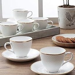 Femora Ceramic Gold Line Diamond Cut White Cup with Saucer Set of 12 Pcs | Tea/Coffee Cups 200 ml | Microwave & Dishwasher Safe | Bone-Ash Free | Crockery Set Ideal for Daily Use & Gifting, White-12