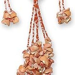 Handcrafted Peach Mother of Pearl Beaded Necklace and Earring Set, Tie Design with Cluster Pendant-image-13