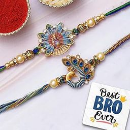 eCraftIndia Set of 2 Multicolor Peacock Designer Rakhis, Best Bro Ever Fridge Magnet with Roli Chawal Pack - Rakhis for Brother, Bhabhi, Kids-25