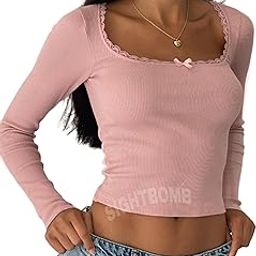 Square Neck Slim Fit Crop Length Empress LACE Detail Bow TIE Fullsleeve Ribbed Tops for Women-image-51