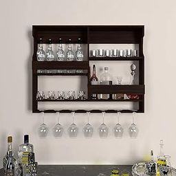 Streema Art Wooden Wall Mounted Wine Rack, Bar Cabinet with Glass Storage, Wall Hanging Mini Bar for Home Wine Rack/Holder Upside Down Glass Hanging Organizer Size 30 x 24 Inch (Rosewood) (Walnut)-image-9