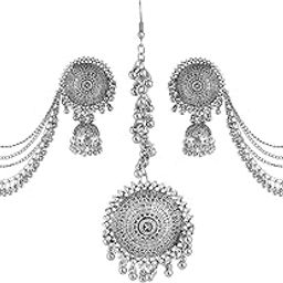 Oxidized Silver Navratri Wedding Bbridal Earrings with Maang Tikka Combo for Women and Girls-image-30