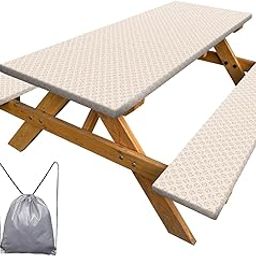 Healbrighting 3 Pcs Picnic Table Cover Bench Covers, Vintage Floral Cream White 5 ft Rectangle Elastic Edge Reusable Waterproof Table Cloth, 60x30 inches Fitted Tablecloth Camping Essentials RV Gear-image-22