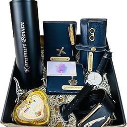 Your Name Customized Mens Gift Hamper Set with Steel Water Bottle, Heart Chocolate, Wallet, Belt, Passport Cover, Sunglasses Cover, Watch and Wishing Card (Black)-21
