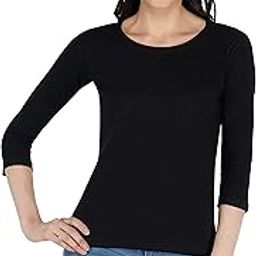 Regular Fit Cotton Black Color Round Neck 3/4th Sleeve T-Shirt for Women & Girls |Tee Tops-54