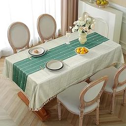 Cortina Tablecloth for Dining Table Waterproof Table Cover, Cotton Linen Fabric Rectangle Tablecloth,Beige Green Stripe, 55x71 Inches 4 Seater (Green, 6 Seater)-image-3