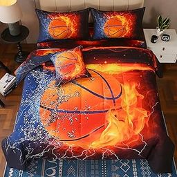JQinHome Queen Basketball and Fire Bedding Set for Boys - 6 Piece Sport Themed Bed-in-A-Bag, All Season Soft Microfiber Comforter, Pillowcase, Flat Sheet, Fitted Sheet, and Cushion Cover-image-64