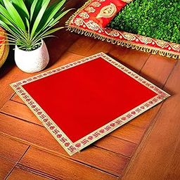 Rushville Velvet Aasan Mat | Pooja Aasan Mat | Golden Lace Satya Prayer Mat | Traditional Chowki Prayer Mat |Size : 16 x 16 Inch| Red-picture-6
