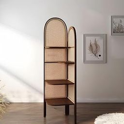 Wooden Room Partition with Cane Woven Panels & Display Shelves | Decorative Folding Divider for Living Room, Bedroom, Office | Solid Wood Privacy Screen Organizer (180x84x42 cm)-image-22
