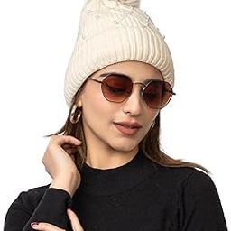Winter Warm Skull Beanie Hat for Women with Fur Lining | Women's Woolen Soft Knitted Beanie Cap with Fleece for Cold Weather (Pearls Design)-12