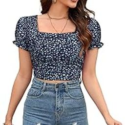 Women's Solid | Floral Puff Sleeve Elastic Crop Top with Square Neckline Ruched Design Lightweight Stylish Top for Western Casual Everyday Wear-image-12