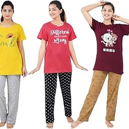 Cotton Printed Top and All Over Print Pyjama Set/Pajama Night Suit Set/Sleep wear Set/Loungewear Set for Womens Combo Pack Cool Navy Smile Yellow Happy Rani Pink-picture-7