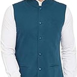 Teal Blue Color Cotton Men's Nehru Jacket(HYPM03189)-image-1