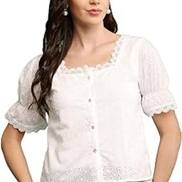 Women's Cotton Eyelet Lace Puff Sleeve Button Down Top Square Neck Summer Casual Blouse-picture-7