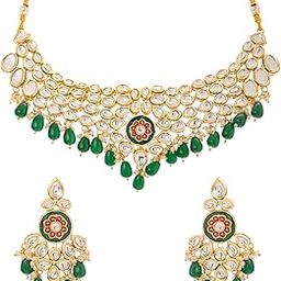 Jewellery Set for Women and Girls Kundans Necklace Set | Gold Plated Kundan Choker Green Beads Drop Necklace Set | Birthday Gift for girls and women Anniversary Gift for Wife-image-77