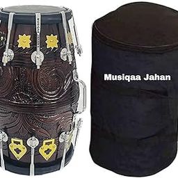 MUSIQAA JAHAN® 092 DESIGN DHOLAK DRUM~HAND MADE INDIAN~SHESHAM WOOD & SPECIAL BLACK SKIN WITH BAG (only Black Lover)-image-59