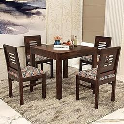Premium Sheesham Wood Dining Table (34x34) with 4 Chairs | 4 Seater Dining Set | Wooden Dining Table with Chair | Dining Room Furniture | Walnut Finish with Printed Cushions-30