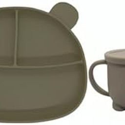 Babylief Baby Feeding Set, Silicone Plate with Suction Base and 2-in-1 (Sippy Cup & Snack Cup) Combo (Olive Green)-5