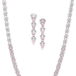 Rhodium-Plated Silver Toned Oval American Diamond Long Necklace Earrings Jewellery Set for Girls and Women-3