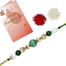 lucky jewellery Designer Gold Plated Green Color Pearl Moti Rakhi for Bro/Brother/Bhaiya/Bhai/Bhabhi (Pack of 1) Rakshabandan Rakhee Bracelet Rakshashutra (50-VR1-1688)-picture-4