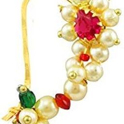 Jewellery Traditional Maharashtrian Nath Nose Ring Pink Multi Colour Stone Gold Plated Along with Pearl Beads for Women and Girl Nose Ring-103-5