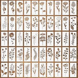 50 Pcs Wildflower Stencils, Small Flower Leaf Stencils for Painting on Wood, Daisy Rose Dandelion Tropical Leaf Botanical Templates, Reusable Plant Template for DIY Fabric Paper Card Drawing - 3" x 6"-13