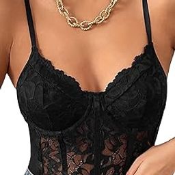 Women's Floral Lace Sheer Mesh Corset Bodysuit Spaghetti Strap Cami Top-image-21