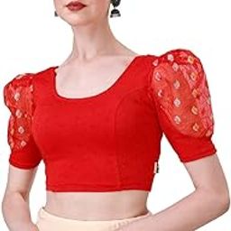 Round Neck Lycra Stretchable Puffed Elbow Sleeve Readymade Saree Blouse for Women Stylish (Amy-image-94