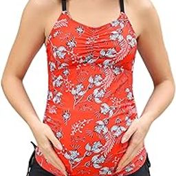 Maternity Athletic Tankini Swimsuits Two Piece Floral Print Ruched Tops with Shorts, Red Floral, Medium-image-41