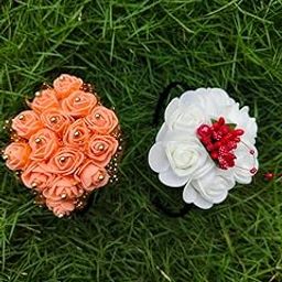Floral Hair Scrunchies with Rose Design, White and Peach, 2-Pack, Pearl Beaded Decorative Hair Ties-image-53