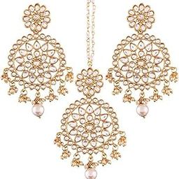 18K Gold Plated Traditional Kundan & Pearl Studded Chandbali Earrings With Maang Tikka Set (TE2462)-image-24
