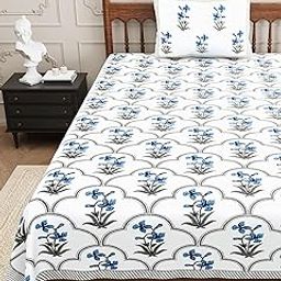 Urban Jaipur 100% Cotton Single Bedsheet for Single Bed, 1 Cotton Single Bed (60 x 90 inches) with 1 Pillow Cover | 240 TC Single Bed Bedsheet | (Blue, Mughal Jaal Print)-image-44