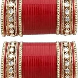 Traditional Bridal Chura Bangles Set, Red with Kundan and Pearl Design, Gold-Plated-image-67
