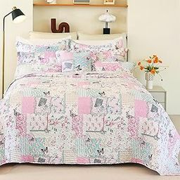 Garden Floral Bedding Set Queen,Reversible Quilted Bedspread,Pink Butterfly Quilt Set,Reversible Stitched Coverlet with 2 Pillow Shams(Queen92 x96 Pink)-image-13