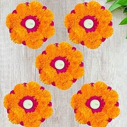 Sesonby (Set of 5) Marigold Flowers Tealight Holders for Diwali Decoration Rangoli Look Flowers Mat Floor Decoration Home Decor Tealight Holders Wax with Tealight-image-90