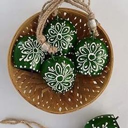 Carfar Green Hand Painted Festive Decor Cow Bells Set of 5 with Jute Ropes-picture-3