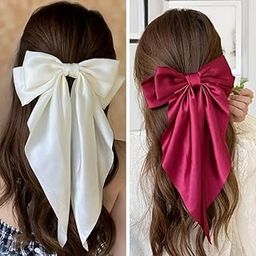 ChicTresses® Off White and Red Hair Bows for Women - Barette Clip - Premium Luxury Silky Satin Bow Clips for Girls - Cute Accessories-image-2