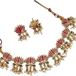 Traditional Lotus Design Pearl Choker Necklace Set with Earrings, Pink and Gold-image-18